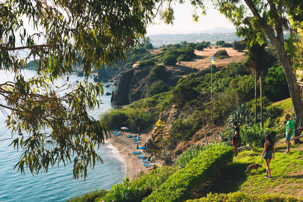 Cyprus sea view from a hight, with green surrounding and persons