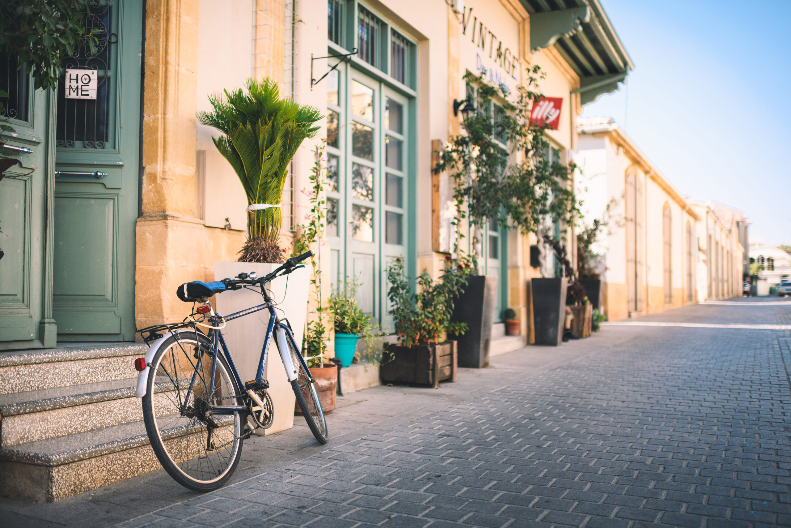 Nicosia view with traditional architecture, paved street, and a bicycle