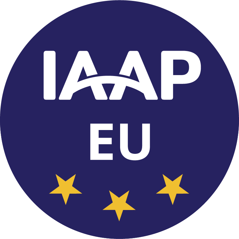 Logo of IAAP EU: White letters with three yellow stars against a dark blu background
