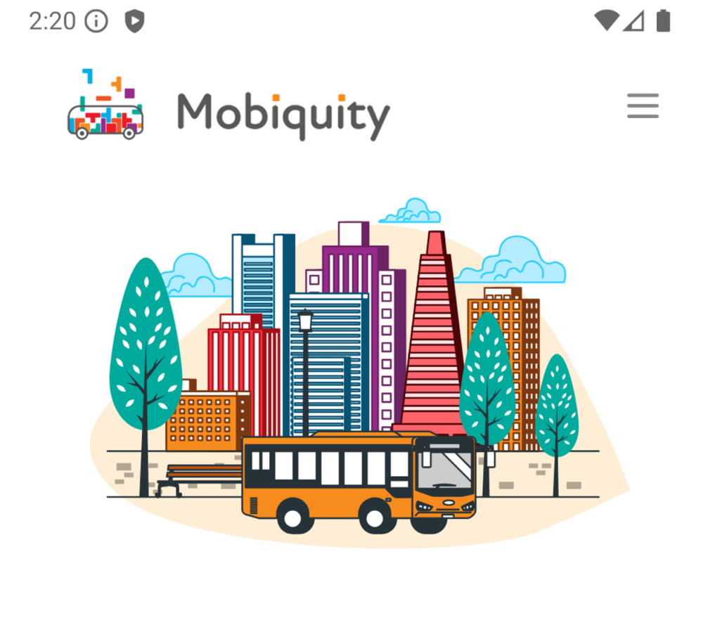 Illustrated image - orange bus in urban environment with various height buildings and some trees